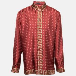 Versace Red Printed Silk Button Down Long Sleeve Shirt XL