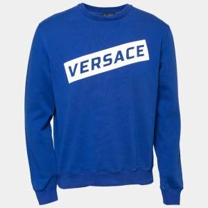 Versace Blue Logo Printed Cotton Crew Neck Sweatshirt M