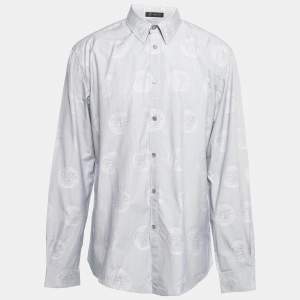 Versace Blue Logo Jacquard Cotton Button Front Shirt XXL