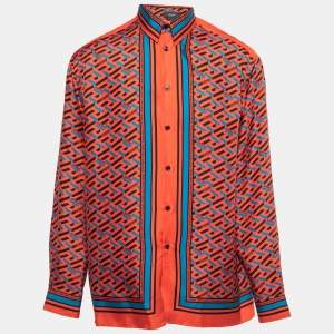 Versace Red/Multicolor La Greca Print Silk Shirt 2XL
