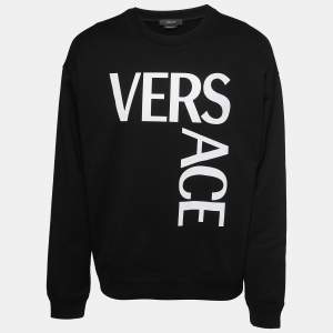 Versace Black Logo Printed Cotton Knit Mitchel Fit Sweatshirt XL