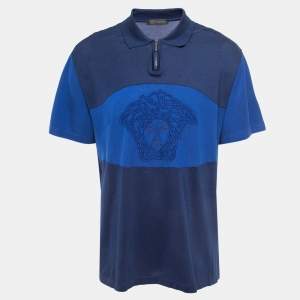 Versace Navy Blue Cotton Knit Zip Front Polo T-Shirt 3XL