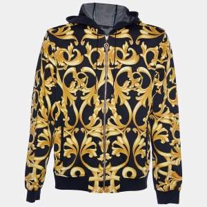 Versace Black baroque printed Cotton Knit Hooded Sweatshirt XL