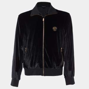 Versace Black Velour Medusa Embroidered Zip Front Jacket L