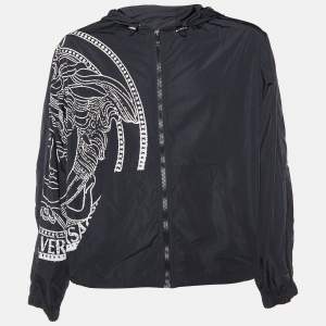 Versace Black Medusa Printed Polyester Zip Front Hooded Jacket L
