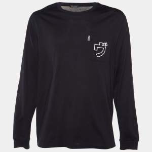 Versace Black Japanese Script Embroidered Cotton Knit Long Sleeve T-Shirt XL