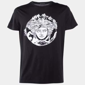 Versace Black Medusa Wave Embroidered Cotton Knit T-Shirt XL