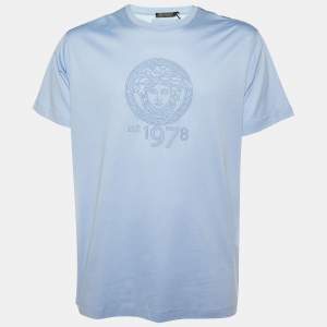 Versace Blue Logo Embroidered Cotton Knit T-Shirt M