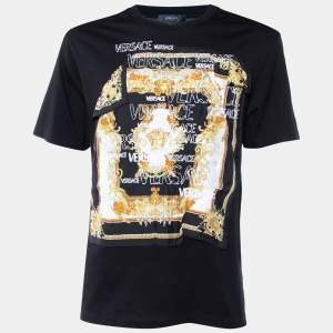 Versace Black Cotton Knit & Renaissance Printed Silk T-Shirt XL