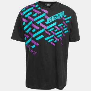 Versace Black La Greca Print Cotton Crewneck T-Shirt 2XL