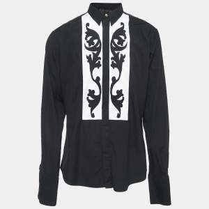 Versace Black Embroidered Cotton Button Front Double Cuff Shirt XL