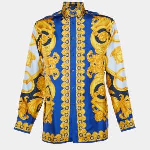 Versace Blue Baroque Printed Silk Heritage Fit Shirt L