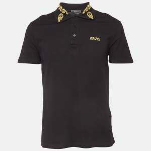Versace Black Embroidered Cotton Pique Polo Custom Fit T-Shirt M
