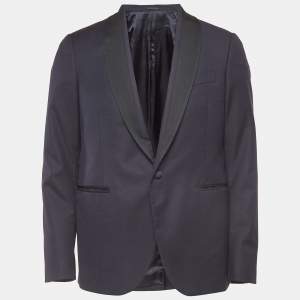 Versace Navy Blue Satin Trim Satin Wool Single Breasted Blazer L