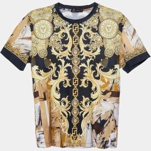 Versace Yellow/Black Baroque Print Cotton Crew Neck T-Shirt M