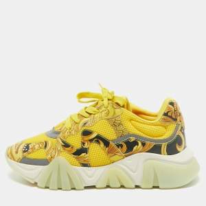 Versace Yellow Leather and Mesh Squalo Lace Up Sneakers 41