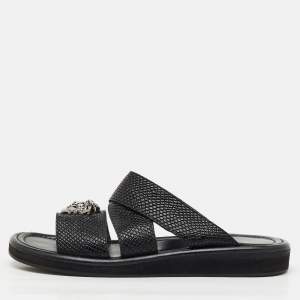 Pre Owned Versace Black Leather Medusa Detail Flat Slide Sandals Size 43