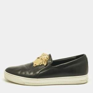 Pre Owned Versace Black Leather Medusa Slip On Sneakers Size 43