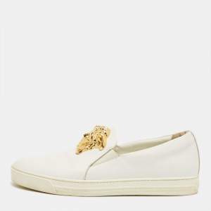 Pre Owned Versace White Leather Palazzo Medusa Slip On Sneakers Size 43