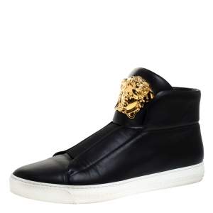 Versace Black Leather Palazzo Slip On High Top Sneakers Size 43