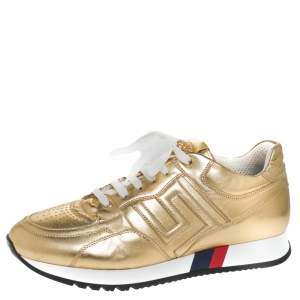 Versace Metallic Gold Leather Low Top Lace Up Sneakers Size 43