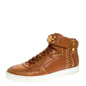 Versace Brown Leather Studded Medusa High Top Sneakers Size 43