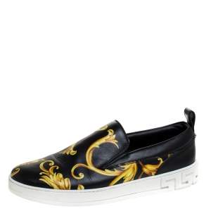 Versace Black/Gold Barocco Printed Leather Slip On Sneakers Size 43
