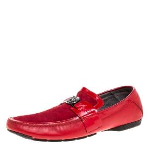 Versace Red Leather and Suede Medusa Detail Slip On Loafers Size 45