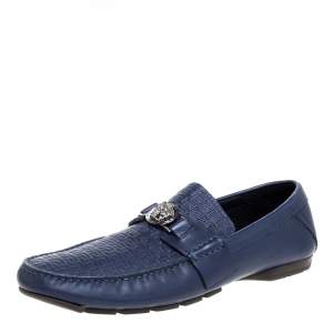 Versace Blue Logo Embossed Leather Medusa Loafers Size 45 