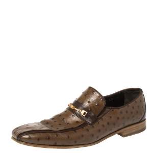 Versace Brown Ostrich Medusa Chain Detail Loafers Size 44