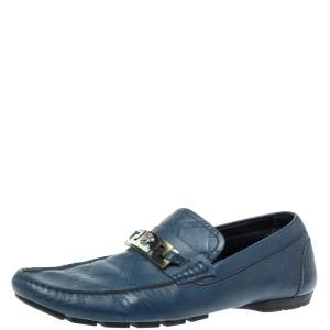 Versace Blue Leather Meander Pattern Medusa Slip On Loafers Size 43