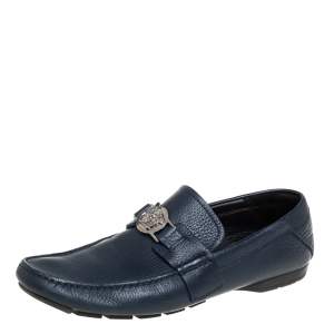 Versace Blue Leather Medusa Embellished Slip On Loafers Size 41