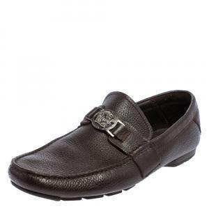 Versace Dark Brown Leather Medusa Embellished Slip On Loafers 41