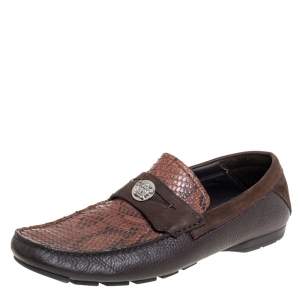 Versace Brown Leather And Python Medusa Embellished Penny Slip On Loafers Size 41
