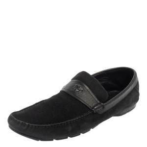 Versace Black Suede And Leather Slip On Loafers Size 44