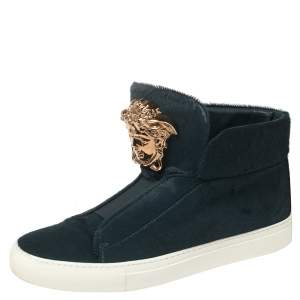 Versace Blue Calf Hair Medusa Embellished High Top Sneakers Size 40