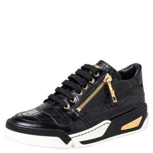 Versace Black Croc Embossed And Leather Low Top Sneakers Size 41