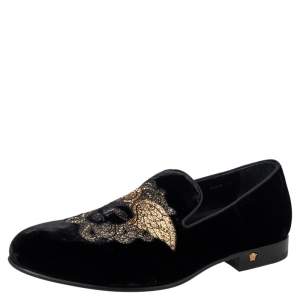 Versace Black Velvet Embroidered Medusa Smoking Slippers Size 43