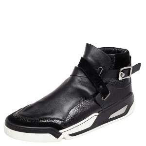 Versace Black Leather And Suede Buckle Detail High Top Sneakers Size 45