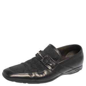Versace Black Leather And Fabric Pointed Square Toe Loafers Size 40