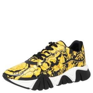 Versace Black/Yellow Barocco Print Leather Squalo Low Top Sneakers Size 43