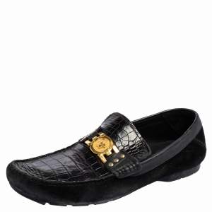 Versace Black Croc Embossed Leather And Suede Medusa Loafers Size 42