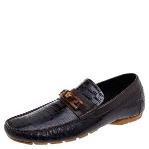 Versace Black/Brown Crocodile Leather Medusa Slip On Loafers Size 45