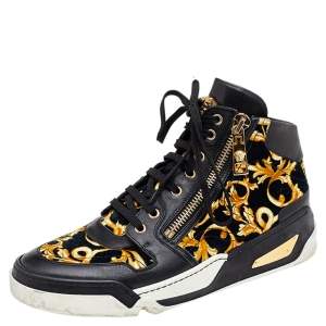 Versace Black/Gold Barocco Print Velvet And Leather Medusa High Top Sneakers Size 40.5