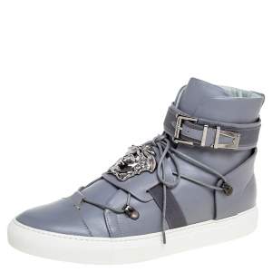 Versace Grey Leather Medusa Plaque Strap High-Top Sneakers Size 41