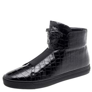 Versace Black Croc Embossed Leather Palazzo Medusa High Top Sneakers Size 44