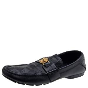 Versace Black Leather And Monogram Fabric Medusa Slip On Loafers Size 44