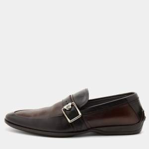 Versace Brown Two Tone Leather Buckle Detail Slip On Loafers Size 41