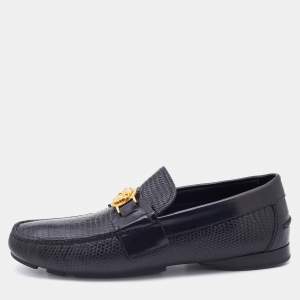 Versace Black Lizard Embossed Leather Medusa Embellished Slip On Loafers Size 41