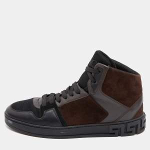 Versace Black/Brown Leather, Fabric and Suede High Top Sneakers Size 41
